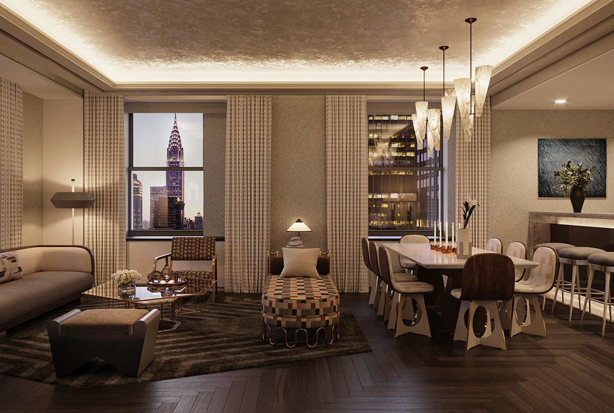 Luxurious great room in one of the residences at the Waldorf Astoria Residences in New York. The room has a sofa, armchair, coffee table, chaise, dining table and windows with views of the Empire State Building and New York city.